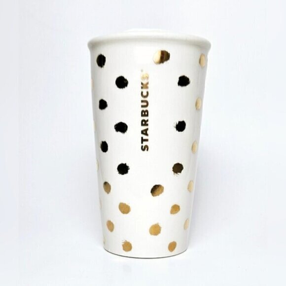 Starbucks 2014 Gold & Black Polka Dot Ceramic Travel Mug – 10oz - Picture 2 of 8